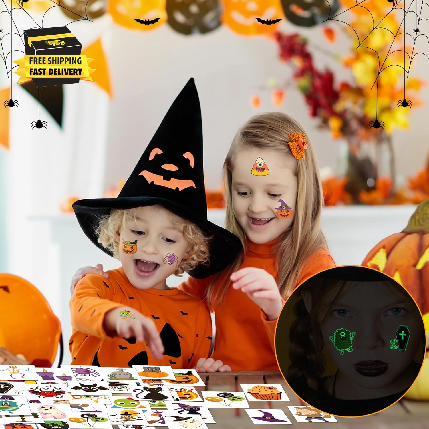 Halloween Temporary Tattoos for Kids, 180 Pcs 1.6 Inch Glow in Dark Bulk Tattoos