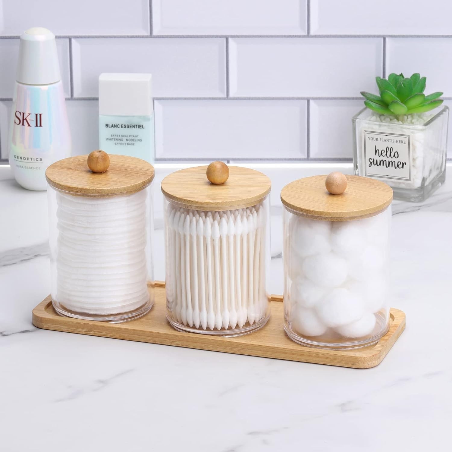Sophisticated 10 Oz Clear Bathroom Organizers – 3 Pack with Dust-Proof Wood Lids