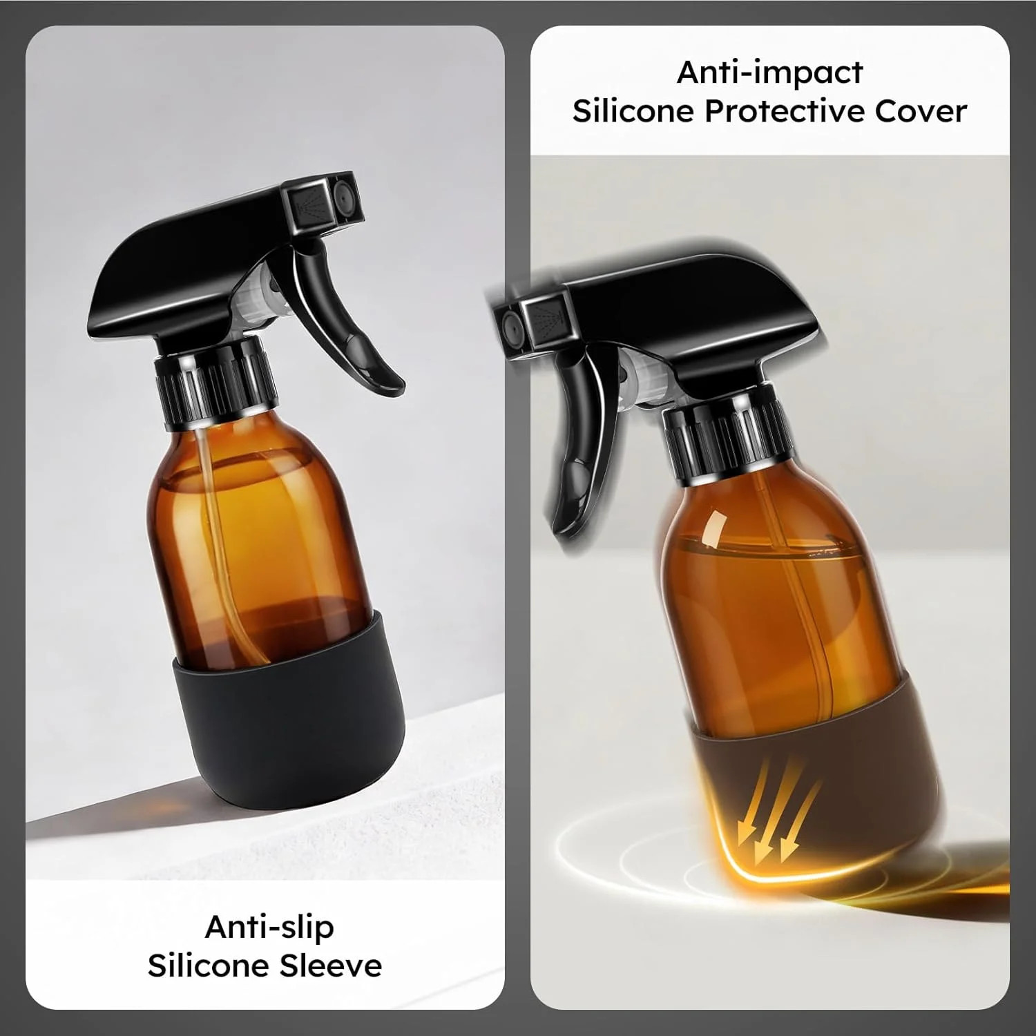 Tecohouse 2 Pack 360° Amber Glass Spray Bottles with Silicone Sleeve, 4 oz Empty