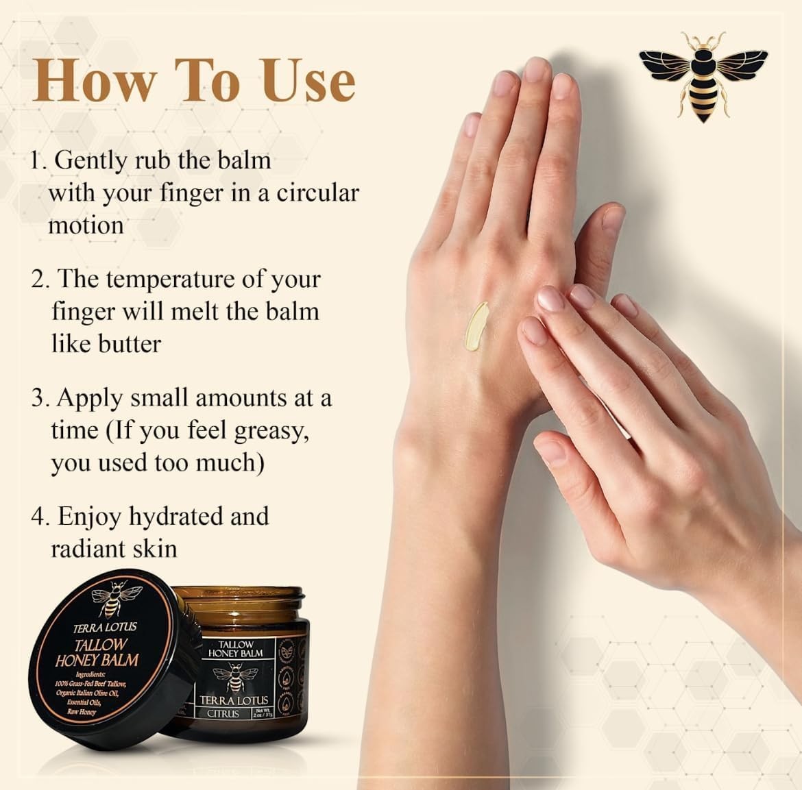 Organic Grass-Fed Beef Tallow Balm with Raw Honey-Moisturizing Cream(2 Oz,Citrus