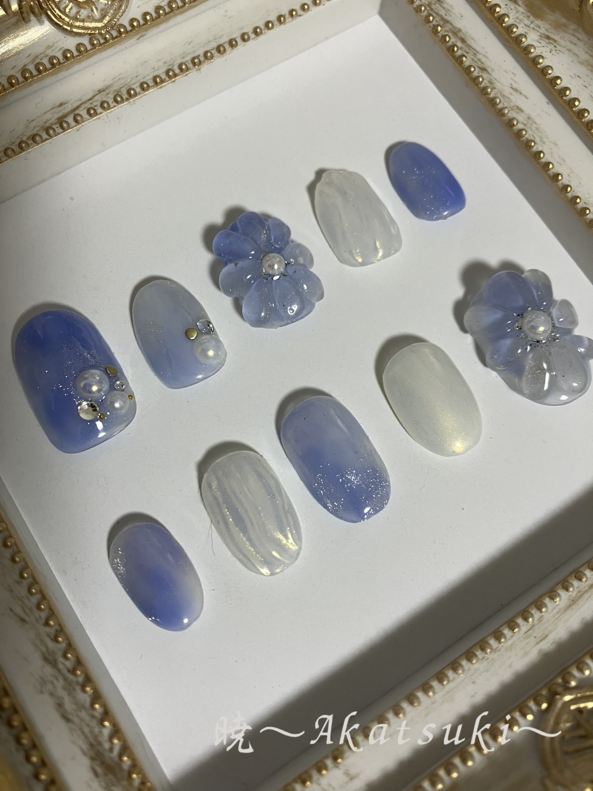 Blue Floral Press On Nails 3D Flower Pearl Summer Handmade Japanese Style M