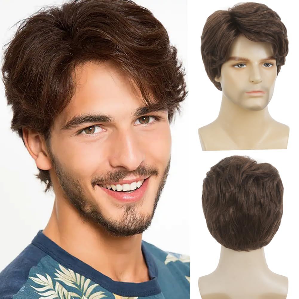 Dark Orange Short Natural Fluffy Synthetic Wig for Men Heat Resistant Fiber