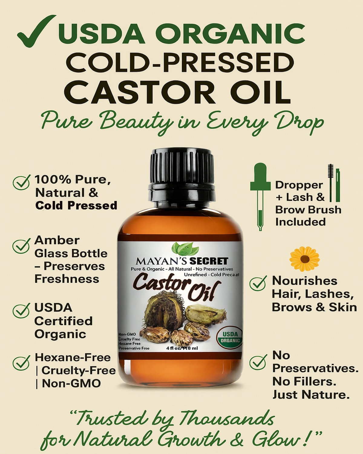 100% USDA ORGANIC Castor Oil for Eyelashes, Eyebrows,Hair Growth,Skin & Face 4oz
