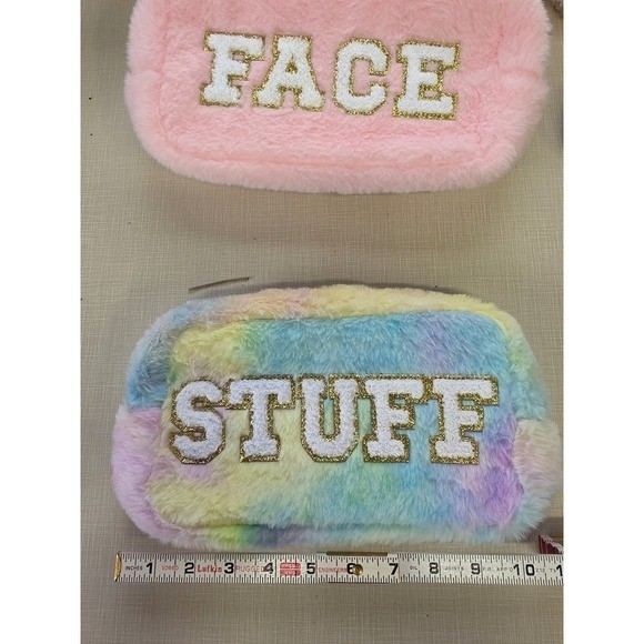 Faux Fur Chenille Letter Patch Makeup Bag Travel Pouch Set HAIR STUFF FACE SKIN