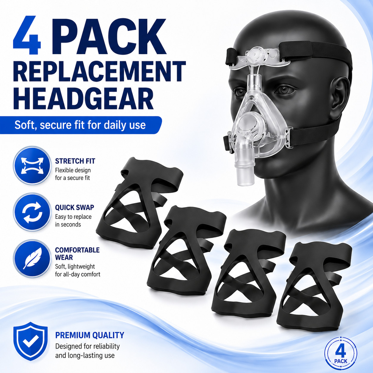 4 Pack CPAP Mask Headgear Replacement Strap Soft Elastic Universal Fit Kit