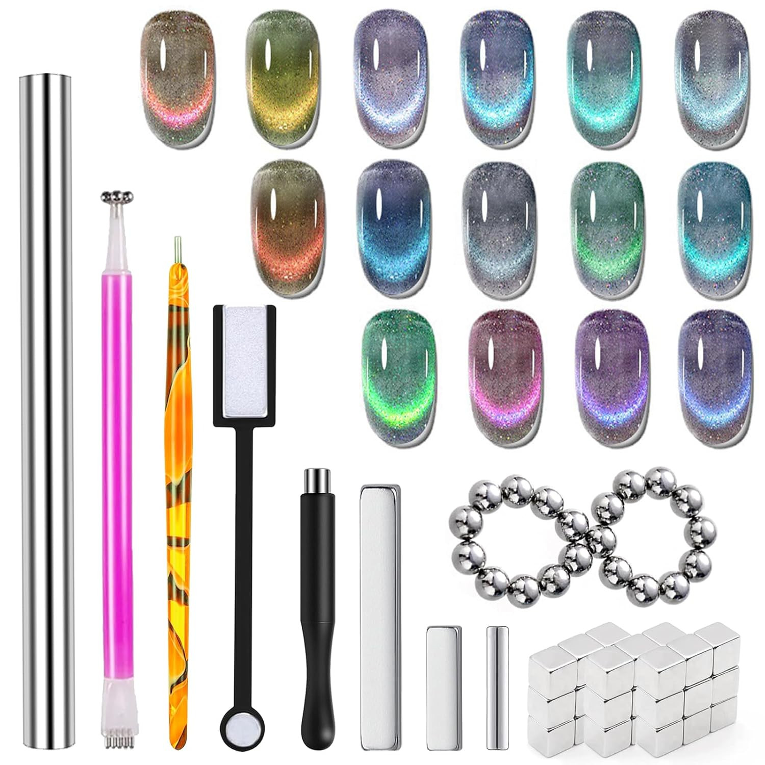 55pcs Cat Eye Magnet for Nails, Cat Eye Gel Nail Polish Magnet Kit, Strong Magne
