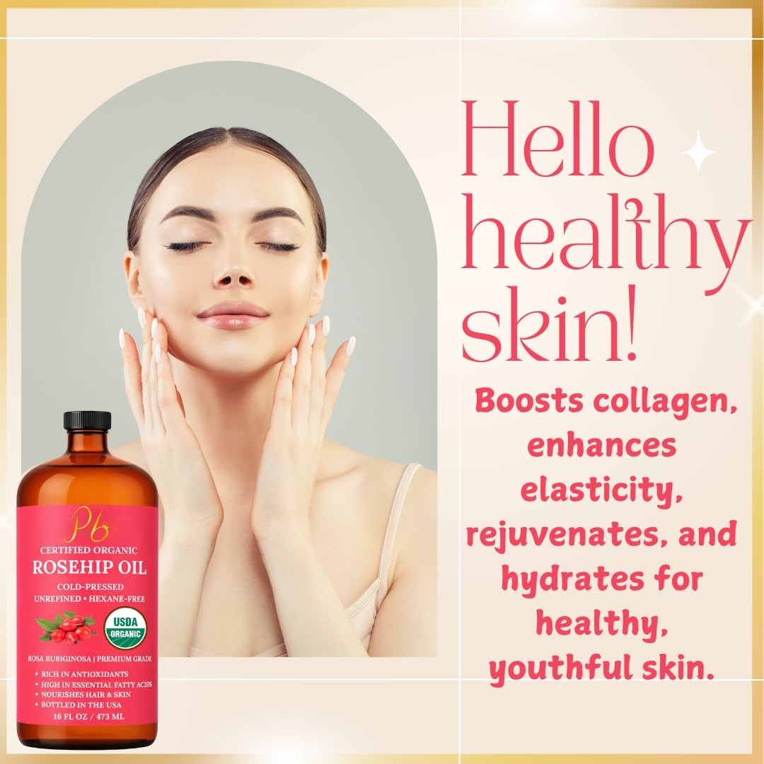 Organic Rosehip Oil 100% Pure Cold-Pressed Unrefined for Face Skin Hair 16 fl oz
