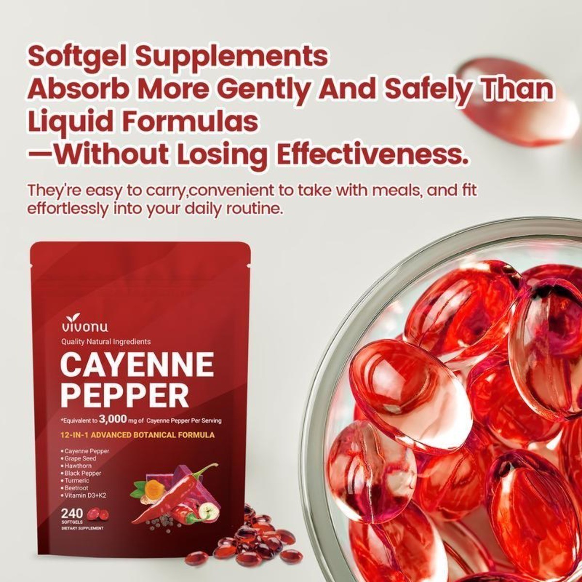 VIVONU Cayenne Pepper 240 Softgels, Heart & Vascular Health Supplement NEW