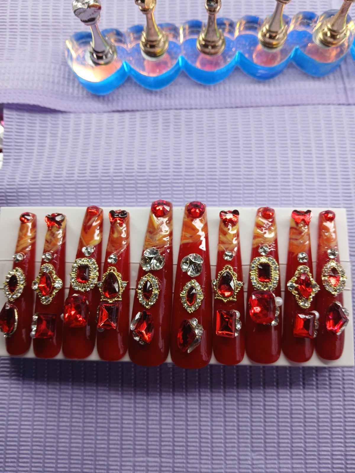 XXXL Bling Red Press on Nails With Rhinestones, Large Size