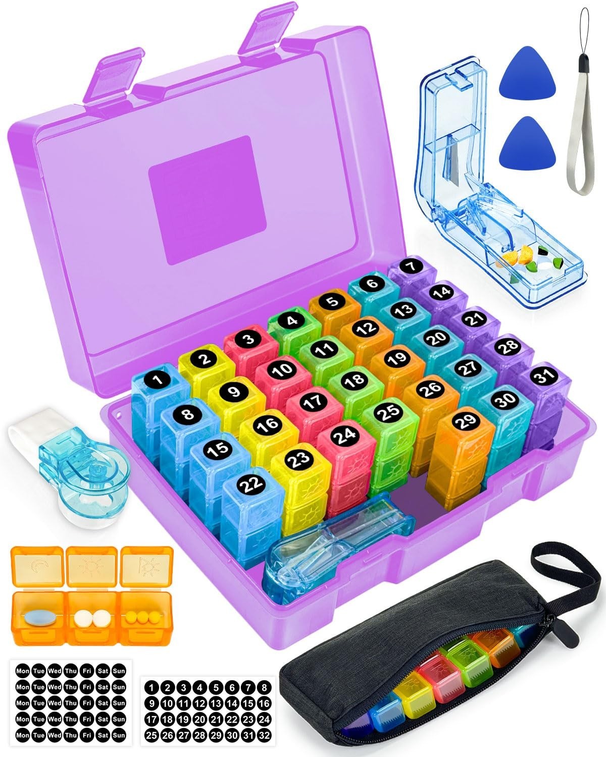 Weekly Pill Organizer 3x Daily, Portable Medicine Box with Pill Cutter & Sticker