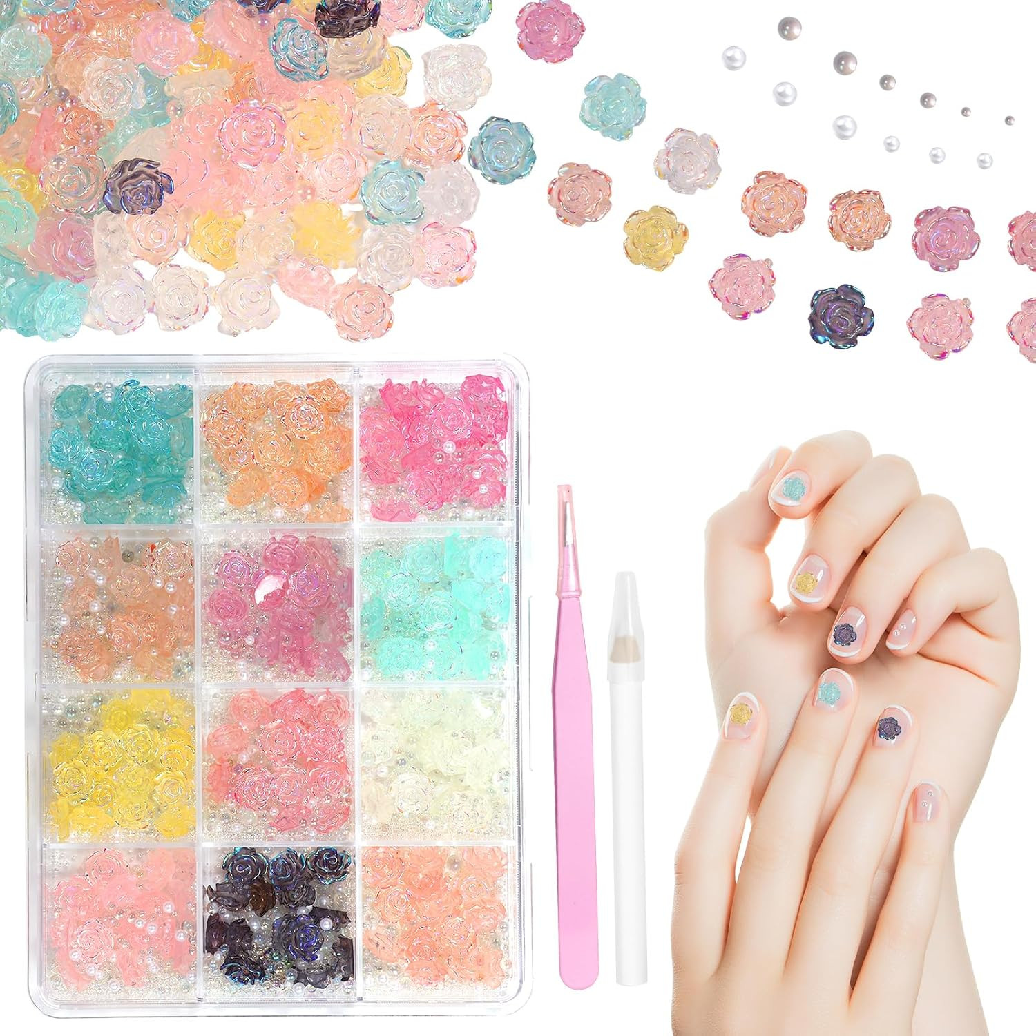Mini Blossom Flower Nail Charms, 3D Color Flower Nail Art Charms,Mix Sizes Bubbl