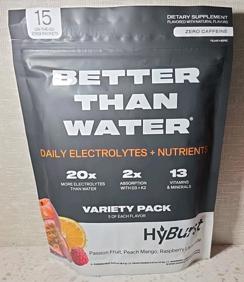 HyBurst Better Than Water Electrolytes Nutrients Drink Mix 15 Stick Packets 0327
