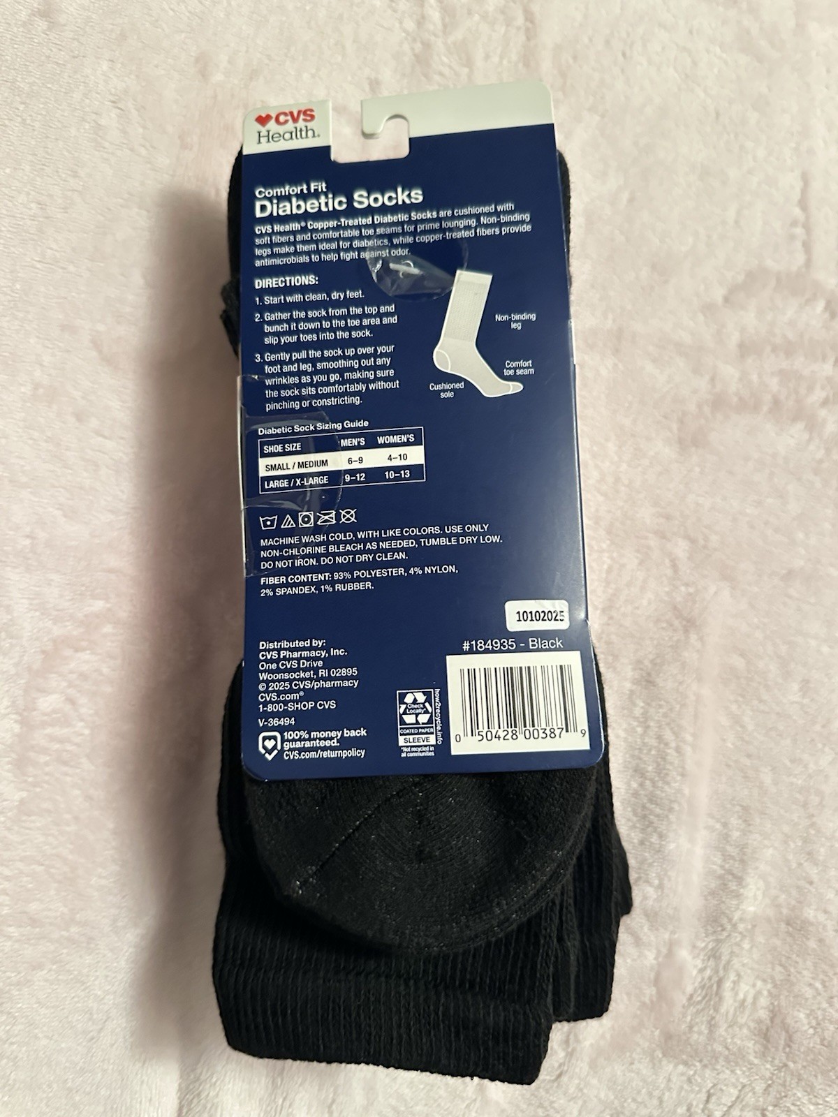 CVS Copper Treated Diabetic Socks Crew Length S/M 3 Pair Black