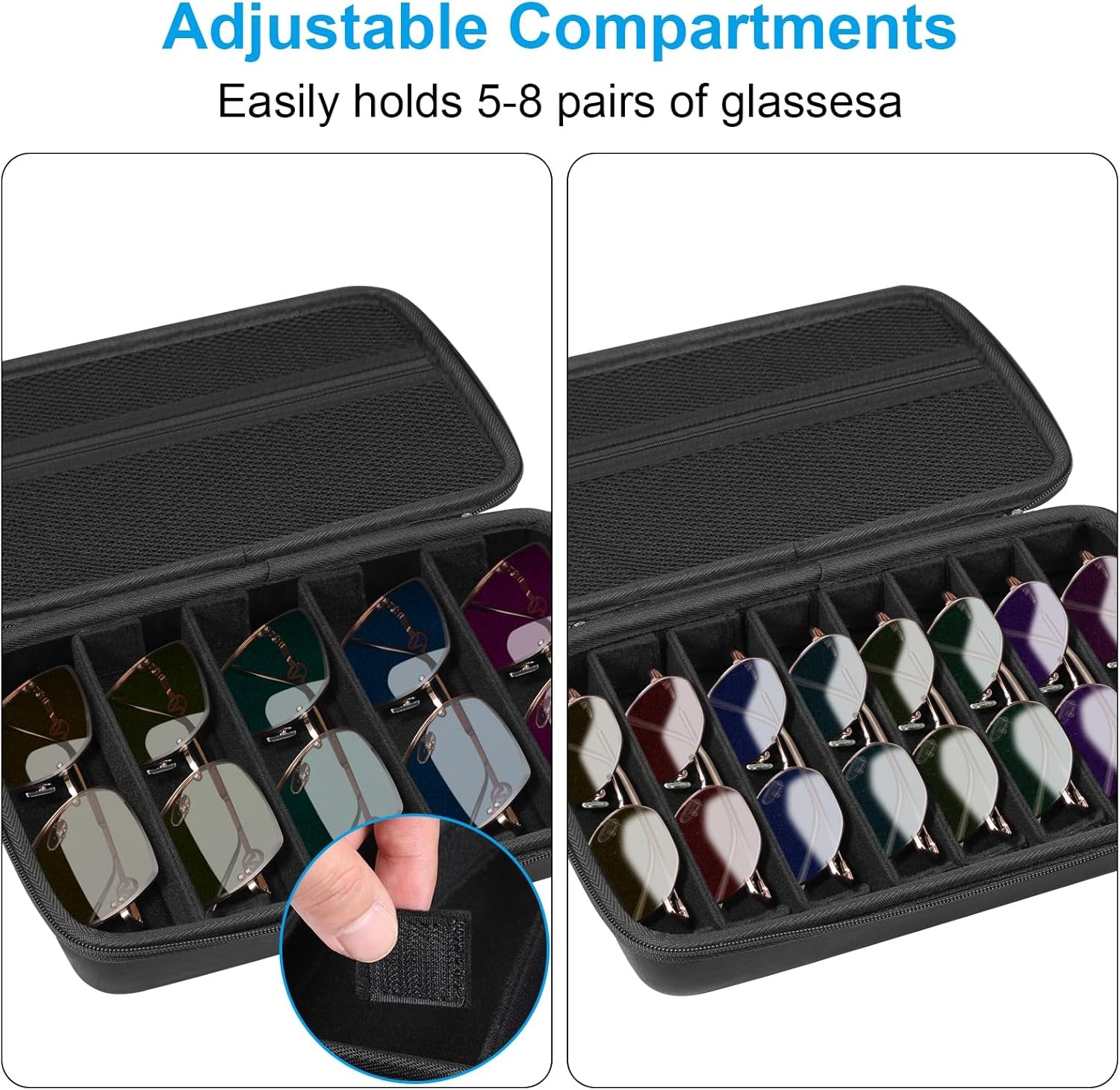 Travel Sunglasses Organizer Case with 8-Slot Adjustable Compartments Men Women