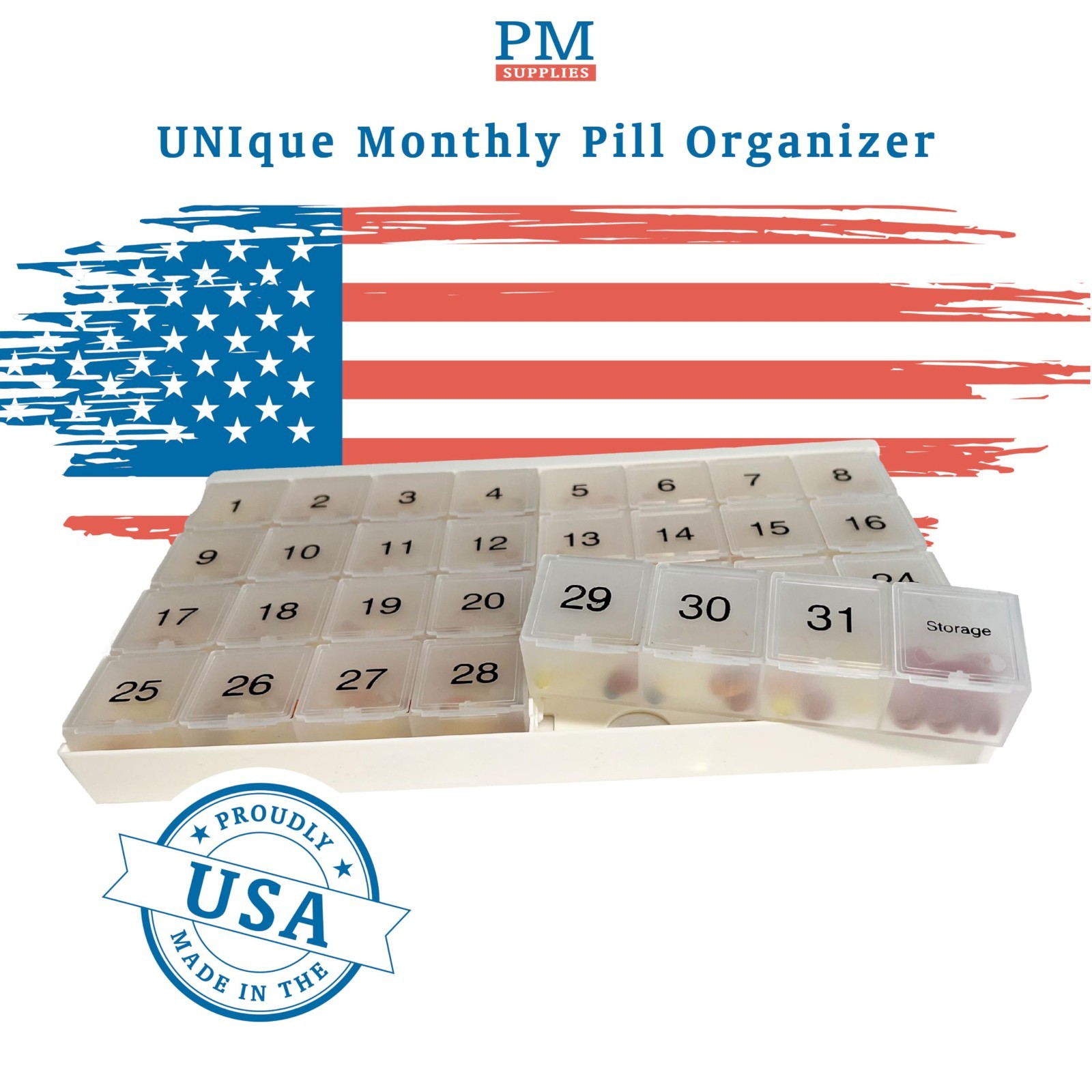 XL Monthly Pill Organizer 31 Compartments, 4 Week Planner, Tray & 8 Removable Se