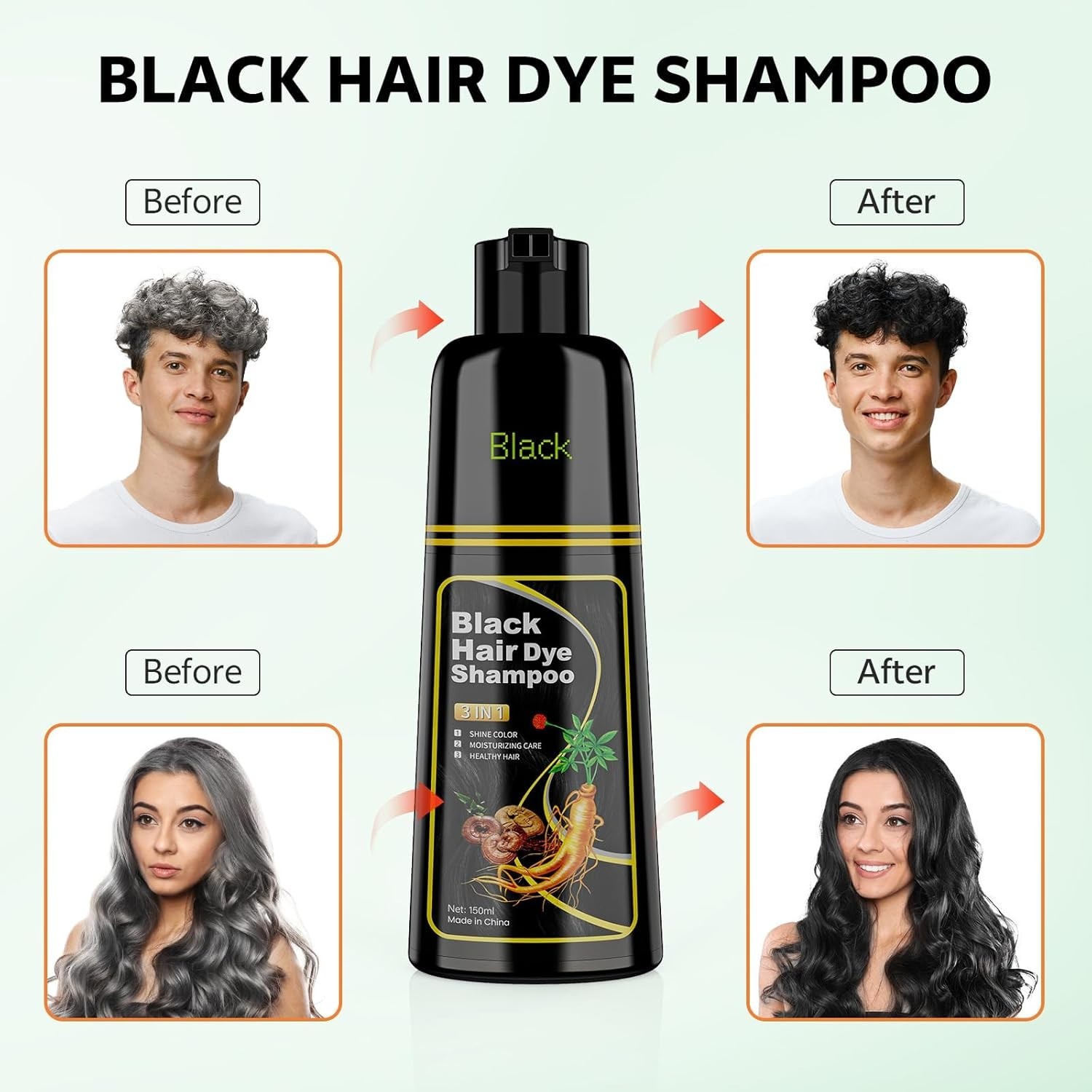 Black Hair Dye Shampoo 3 in 1, 150ML Hair Color Shampoo for Women Men Gray Cover