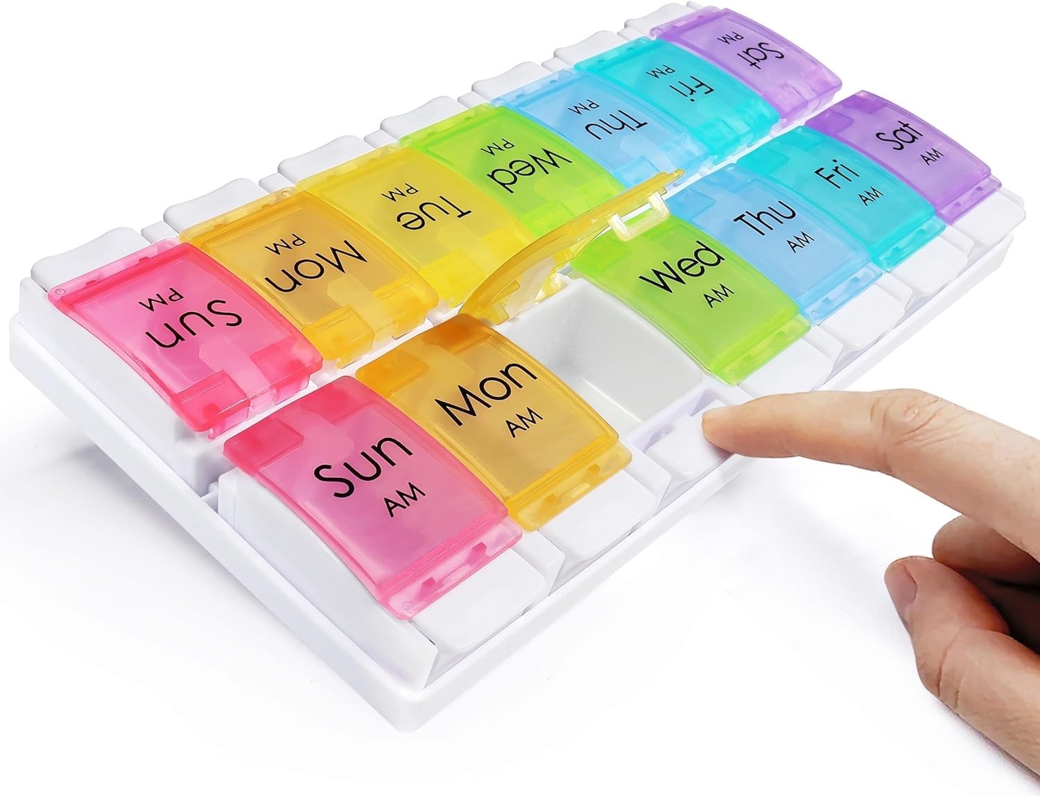 14-Compartment Pill Box – Sturdy, BPA-Free, and Dust-Proof with AM/PM Labels