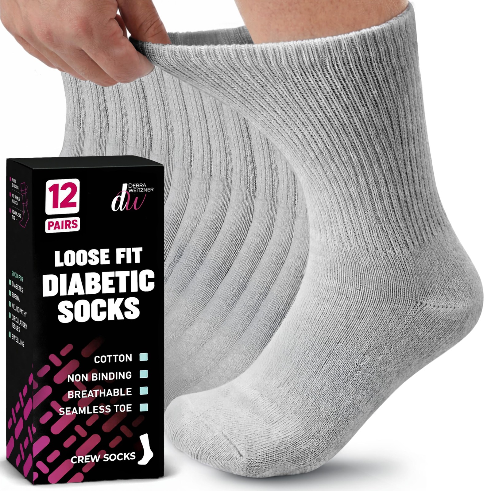 Debra Weitzner Diabetic Crew Socks Mens Womens Non-Binding Socks Loose Fit 12