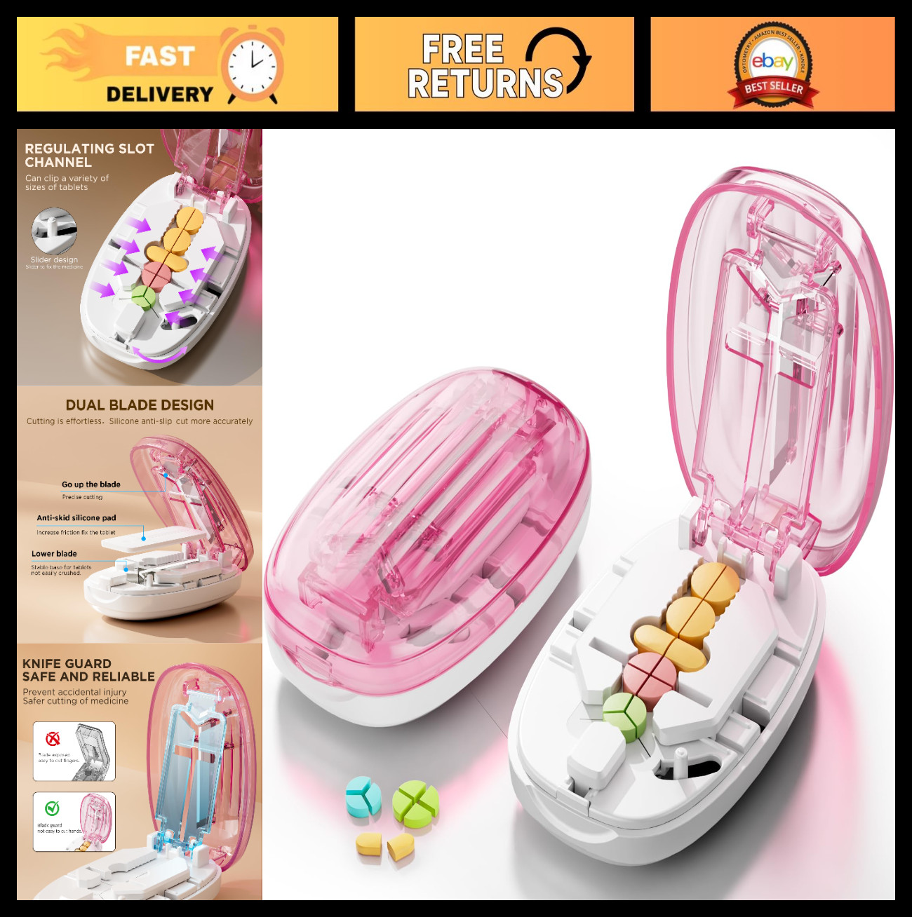 Pill Cutter Splitter for Small Pills, Accurate 1/2 & 1/4 Tablet Cutting, Easy Us