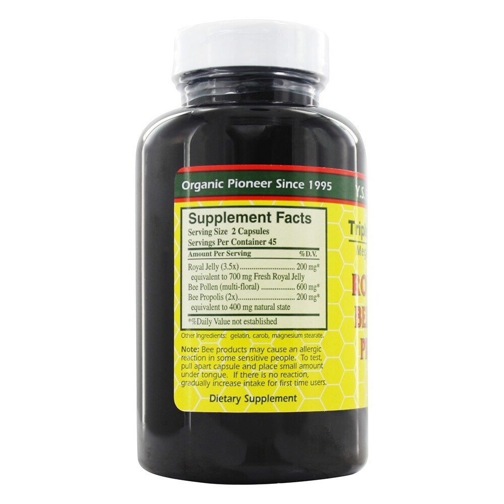 YS Organic Bee Farms Triple Bee Complex Royal Jelly Bee Pollen Propolis, 90 Caps