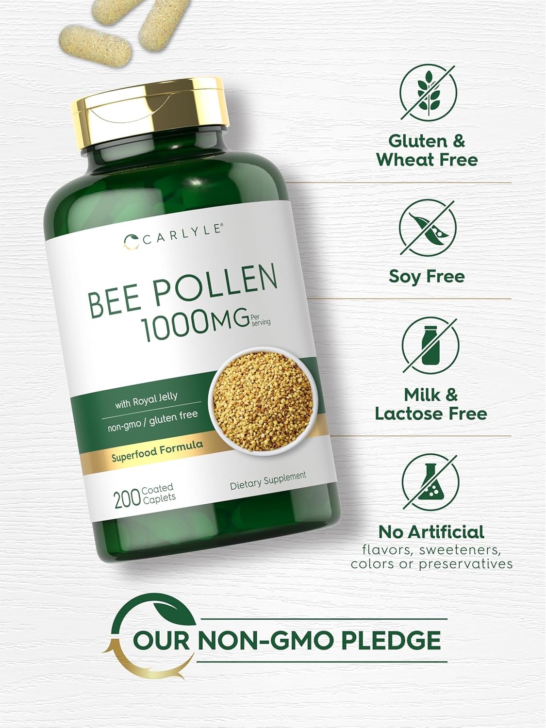 Bee Pollen 1000mg | 200 Caplets | With Royal Jelly and Bee Propolis | by Carlyle