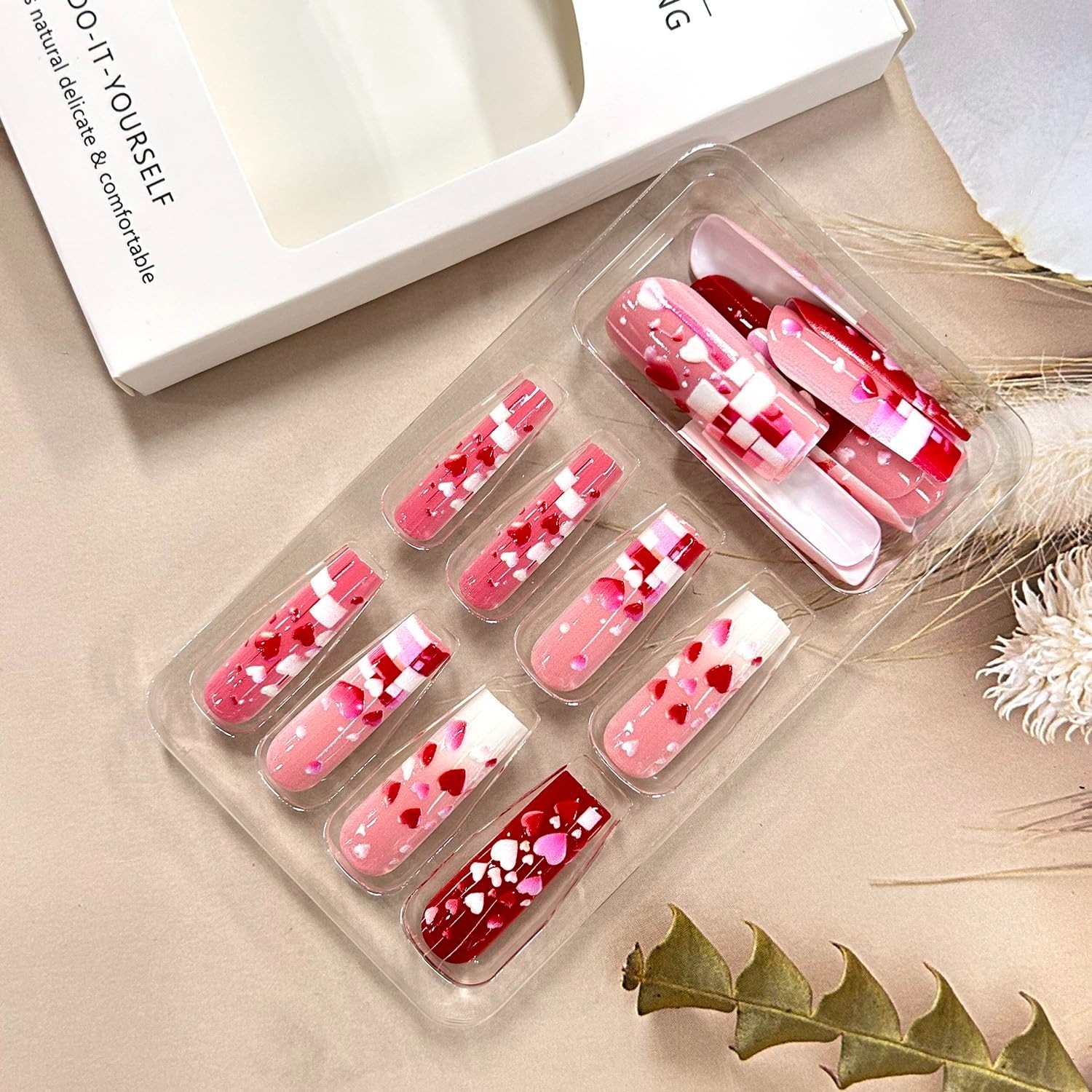 Valentines Press On Nails Long Coffin 3D Pink Red Heart Glossy Set