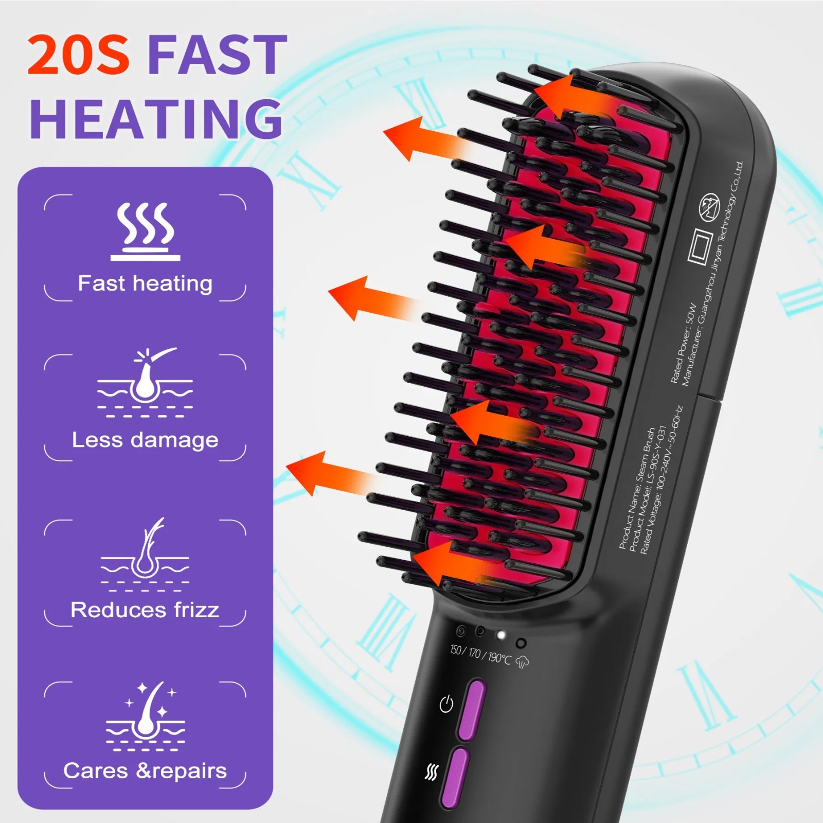 Ionic Steam Hair Straightener Brush Anti-Frizz Ceramic Fast Heating