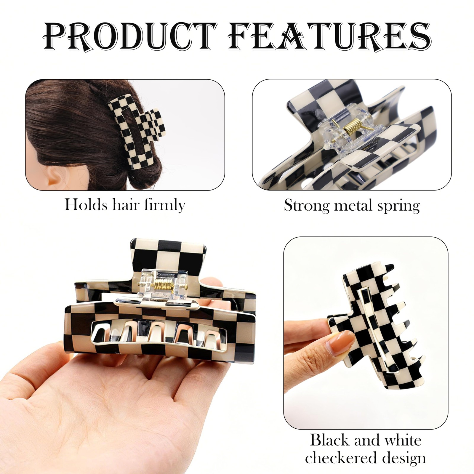 4 PCS Checkered Hair Claw Clips Black and 1 Count (Pack of 4), Black, White