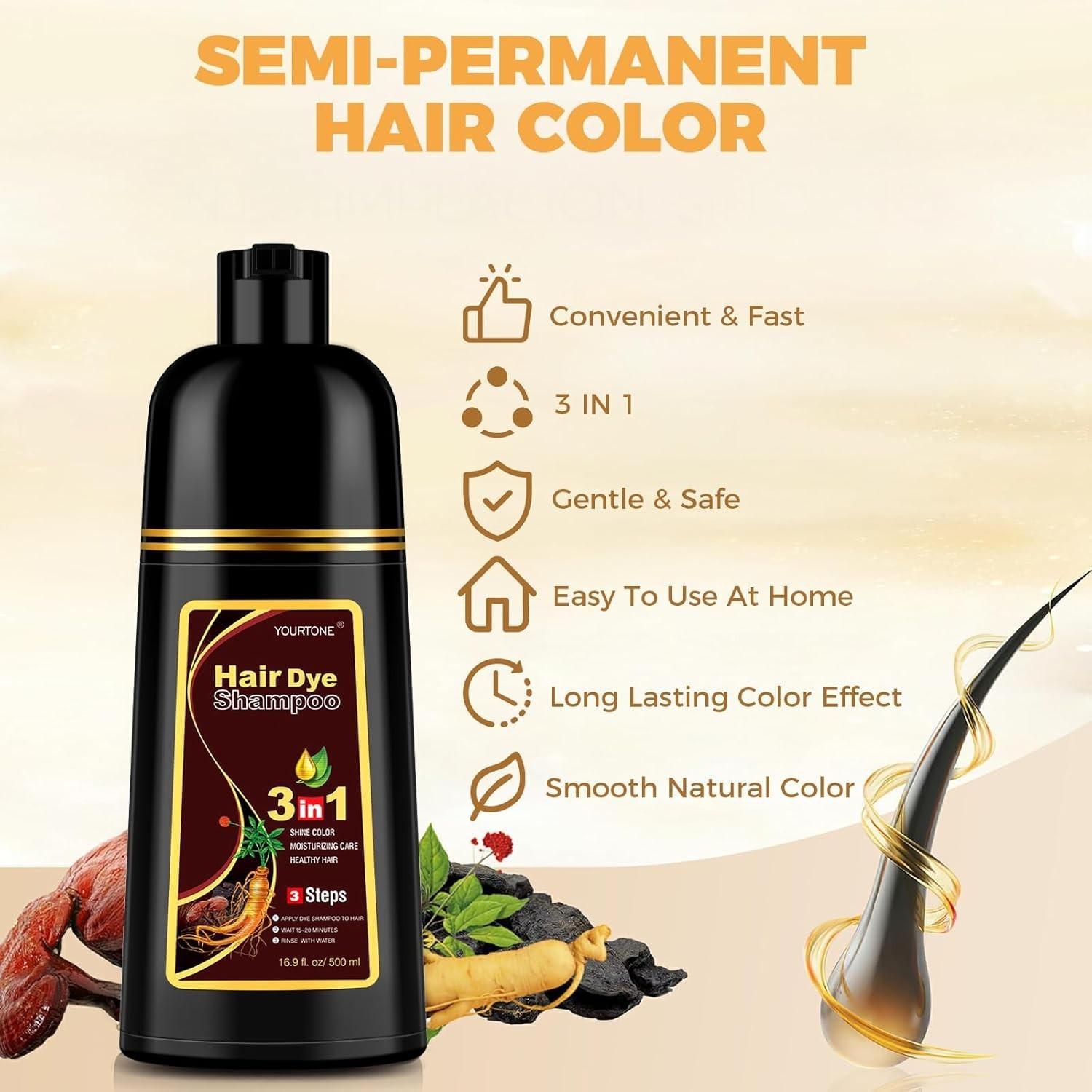 Black Hair Dye Shampoo 3 in 1 for Women/Men for Gray Coverage Instant Hair Color