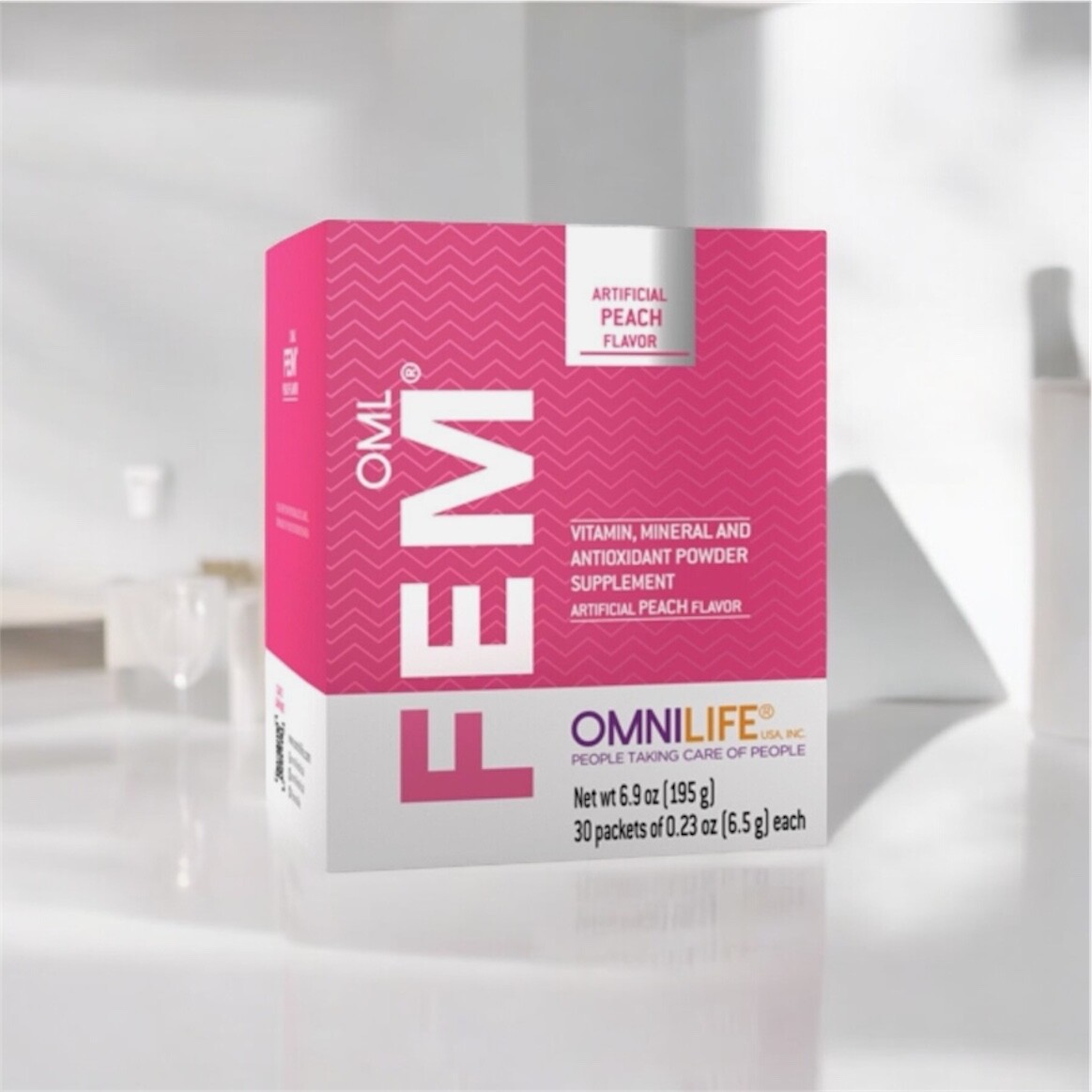 Fem Plus Box with 30 Packets net wt 6.9oz Artificial Peach Flavor.