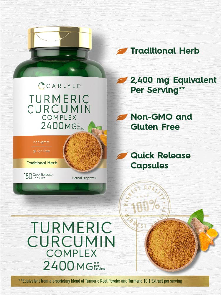 Turmeric Curcumin 2400mg | 180 Capsules | Non-GMO, Gluten Free | by Carlyle