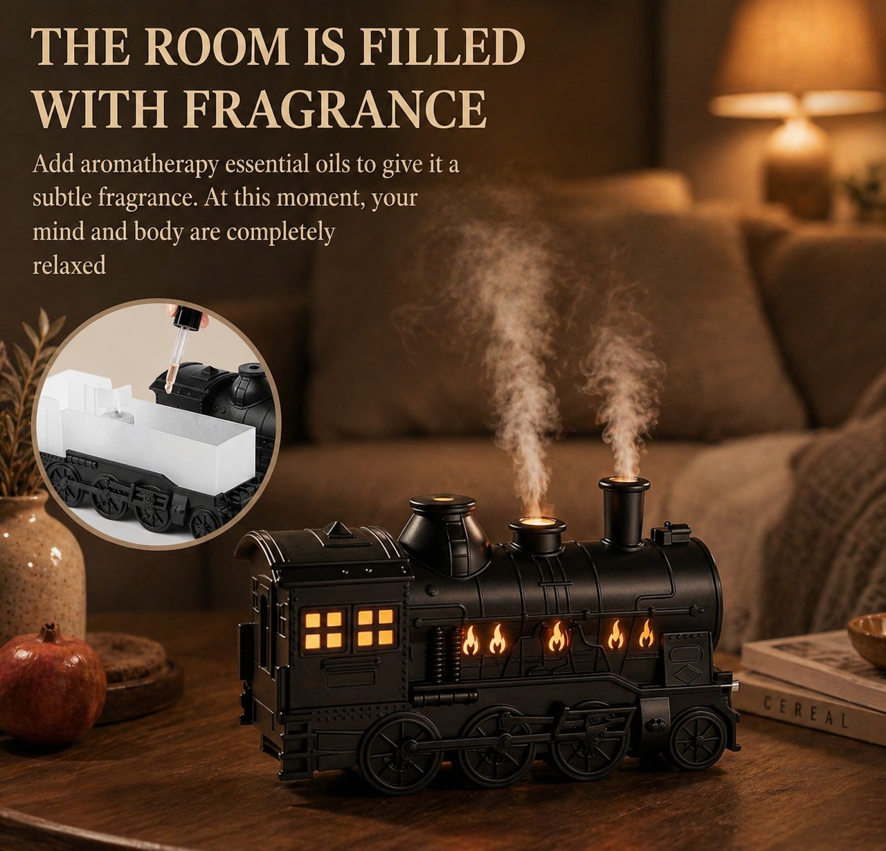 Train Shaped Diffuser (300ML) Essential Oil Diffuser, Mist Humidifier, Black
