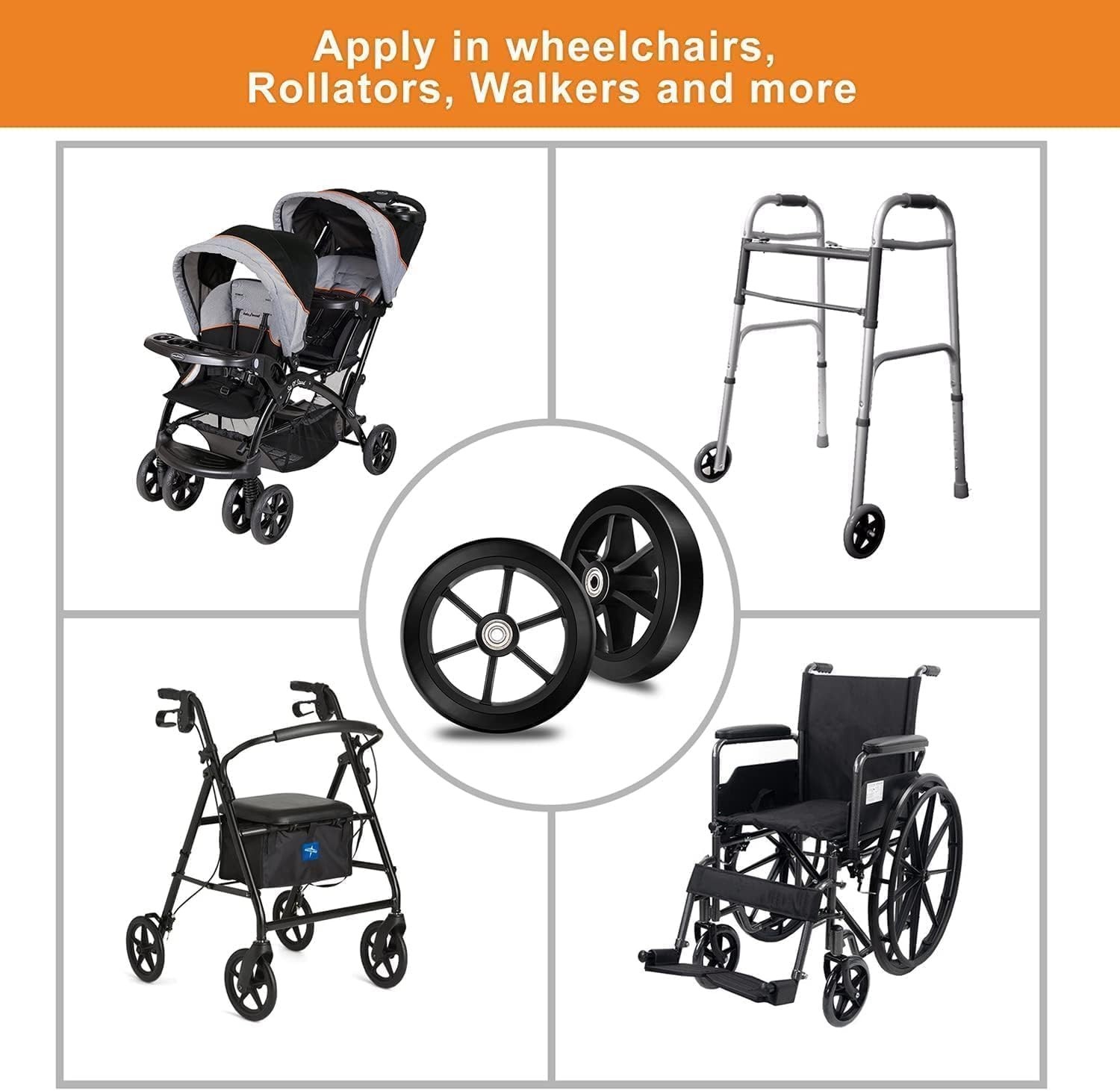 Durable 6 Inch Mobility Wheels, Anti-Slip PU Tires for Indoor and Outdoor Use