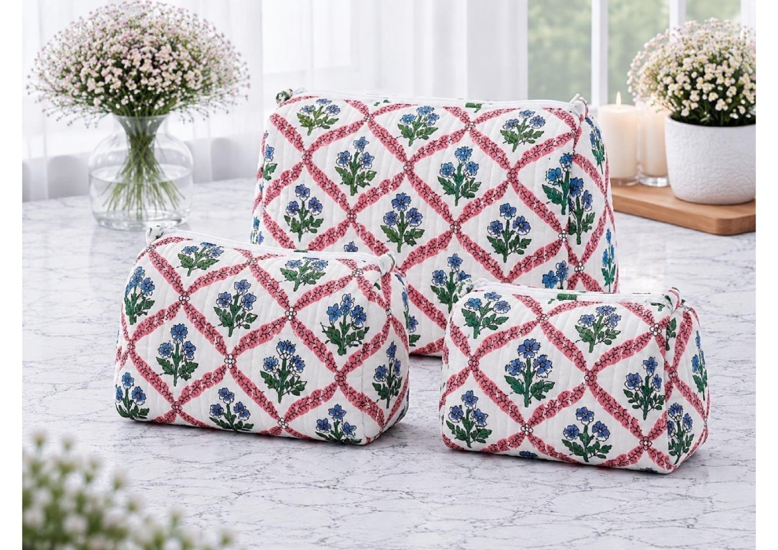 Hand-Block Printed Floral Cotton Makeup Bag Set | Autumn Leaf Toiletry Organizer