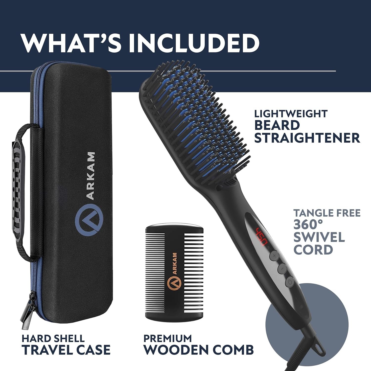 Arkam Beard Straightener for Men Premium Heated Brush Kit w/ Travel Case & Comb