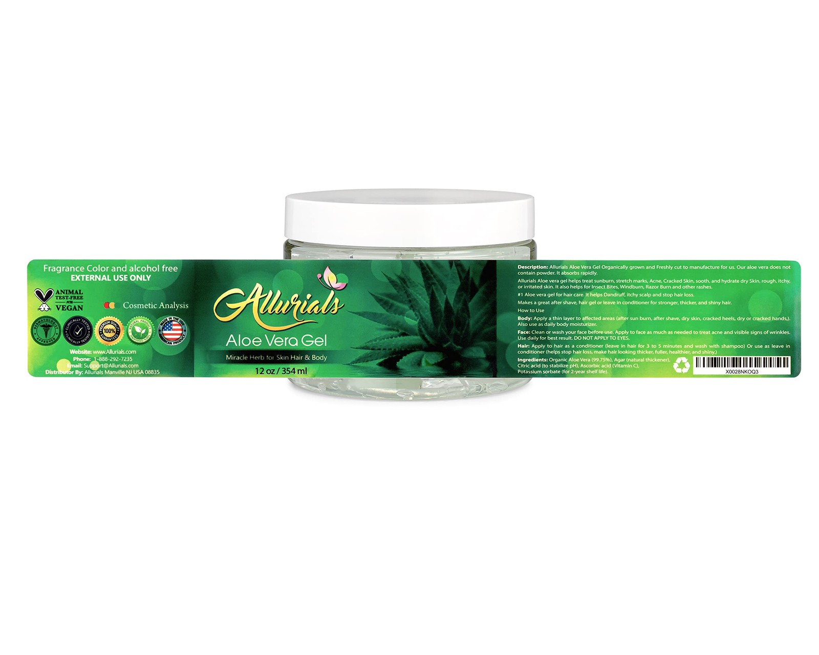 Allurials 99.75% Pure & Organic Aloe Vera Gel – Made in 12 Ounce (Pack of 1)