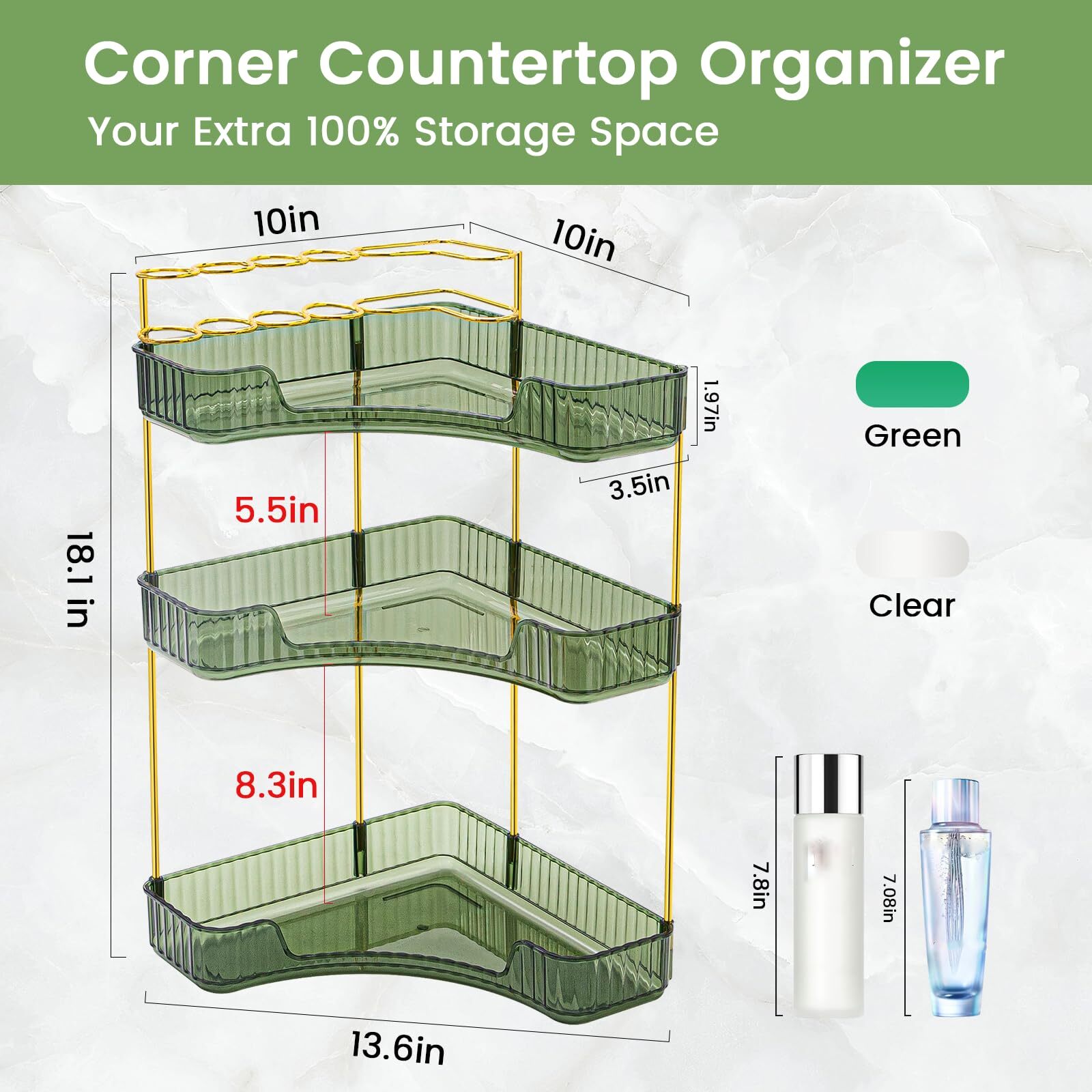 3-Tier Green Corner Makeup Organizer Countertop with Brush Holder for Bathroom