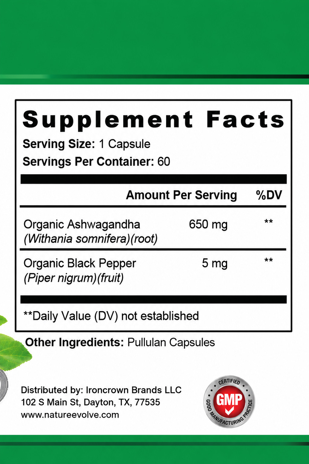 Nature Evolve Organic Ashwaganda 650mg with Organic Black Pepper extract