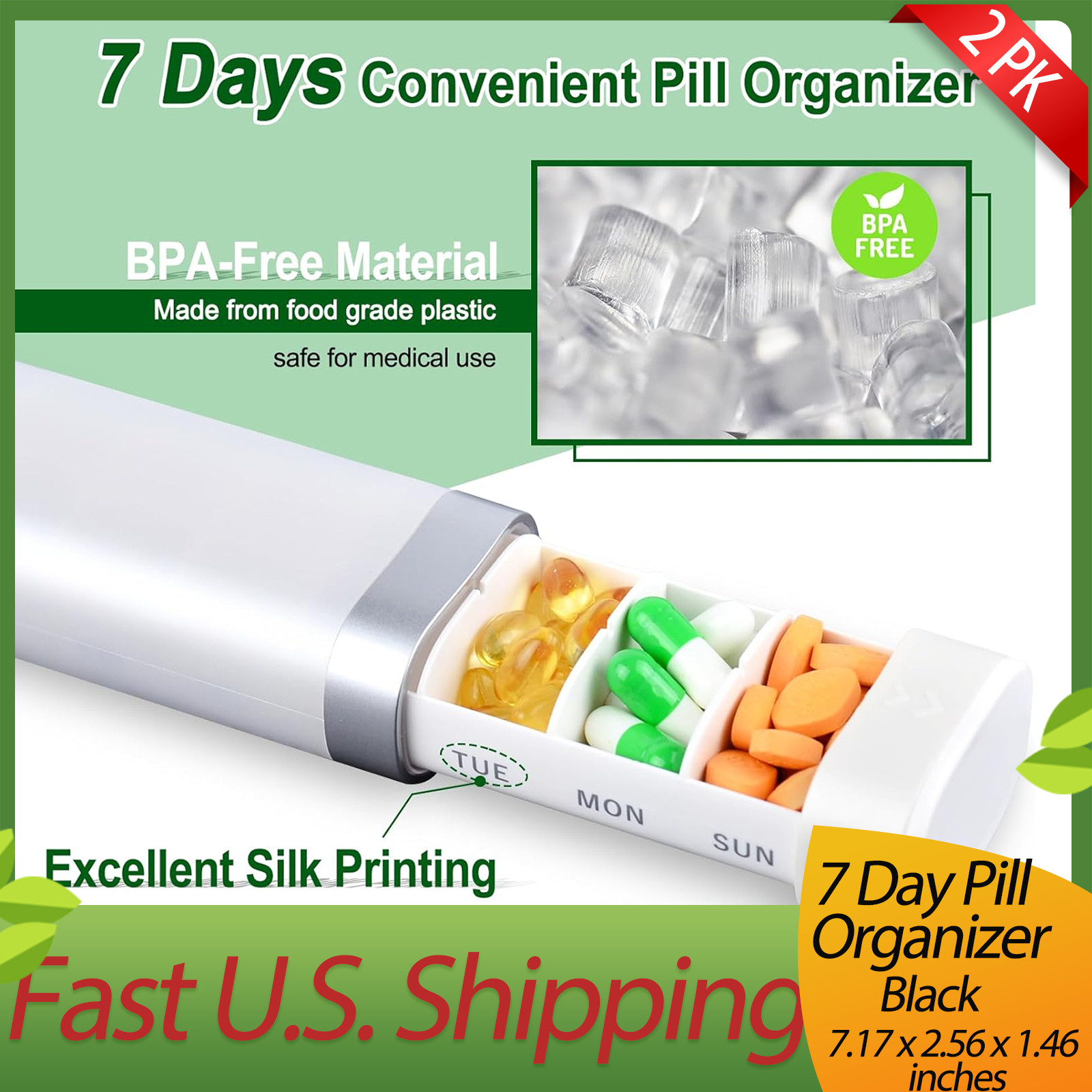 2 PK GREENCYCLE White Pill Organizer Box 7 Day, Weekly Travel Pill Case Holder