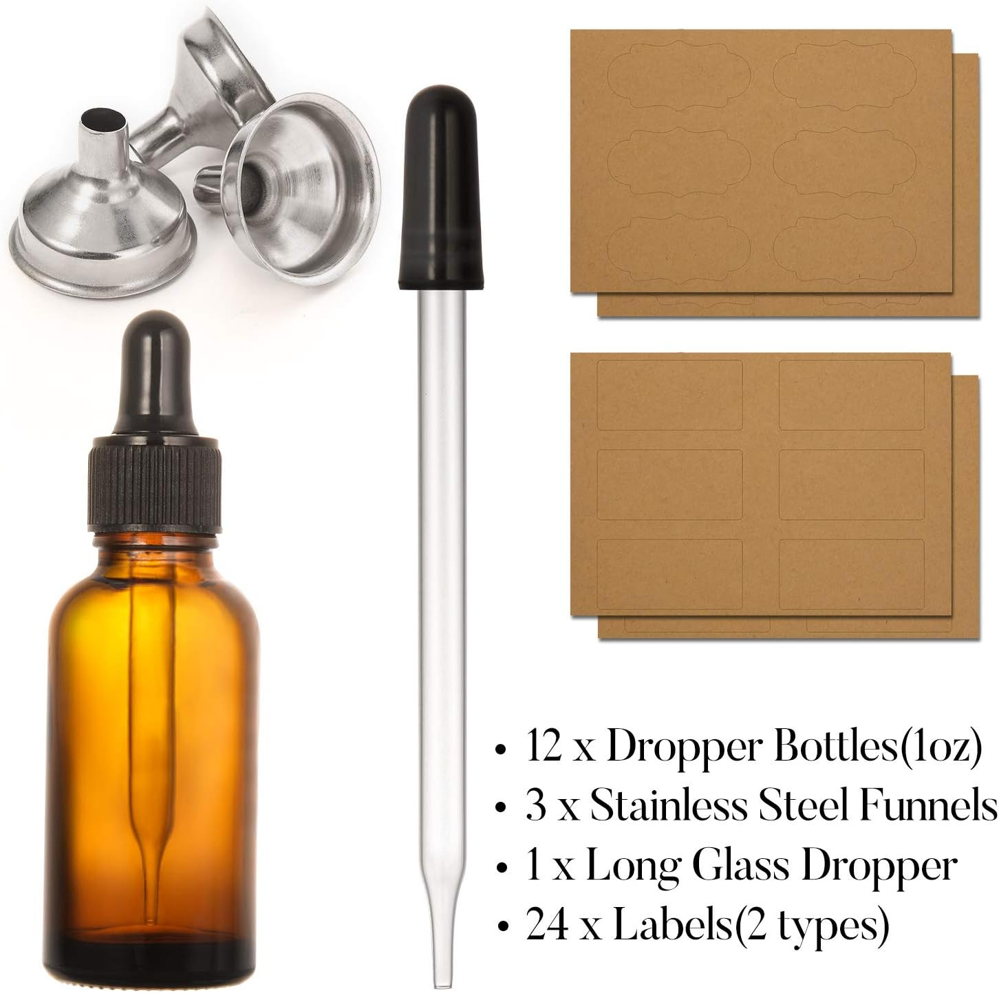 12 Pcs, 1 Oz Amber Dropper Bottles W/ 3 Stainless Steel Funnels & 1 Long Glass D