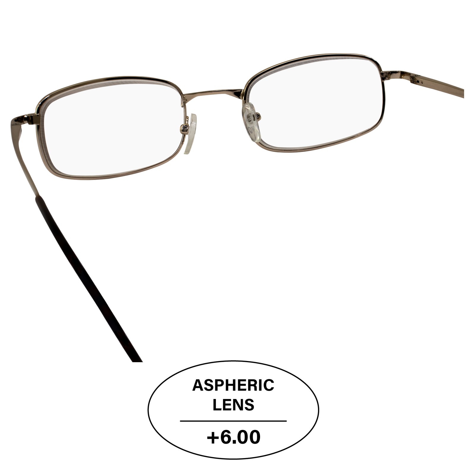 Men’s High Powered Reading Glasses Gold Frame & Case +6.00 Mag Aspheric Lens