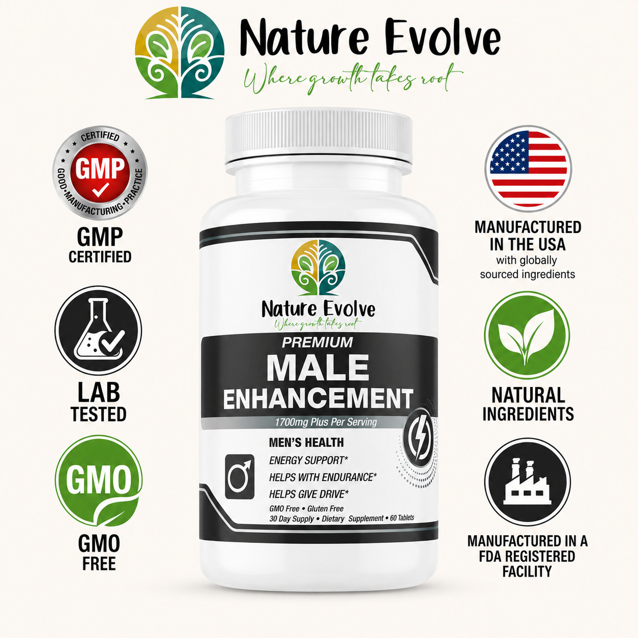 Nature Evolve Premium Male Enhancement 1700mg+ Per Serving | 60 Tablets