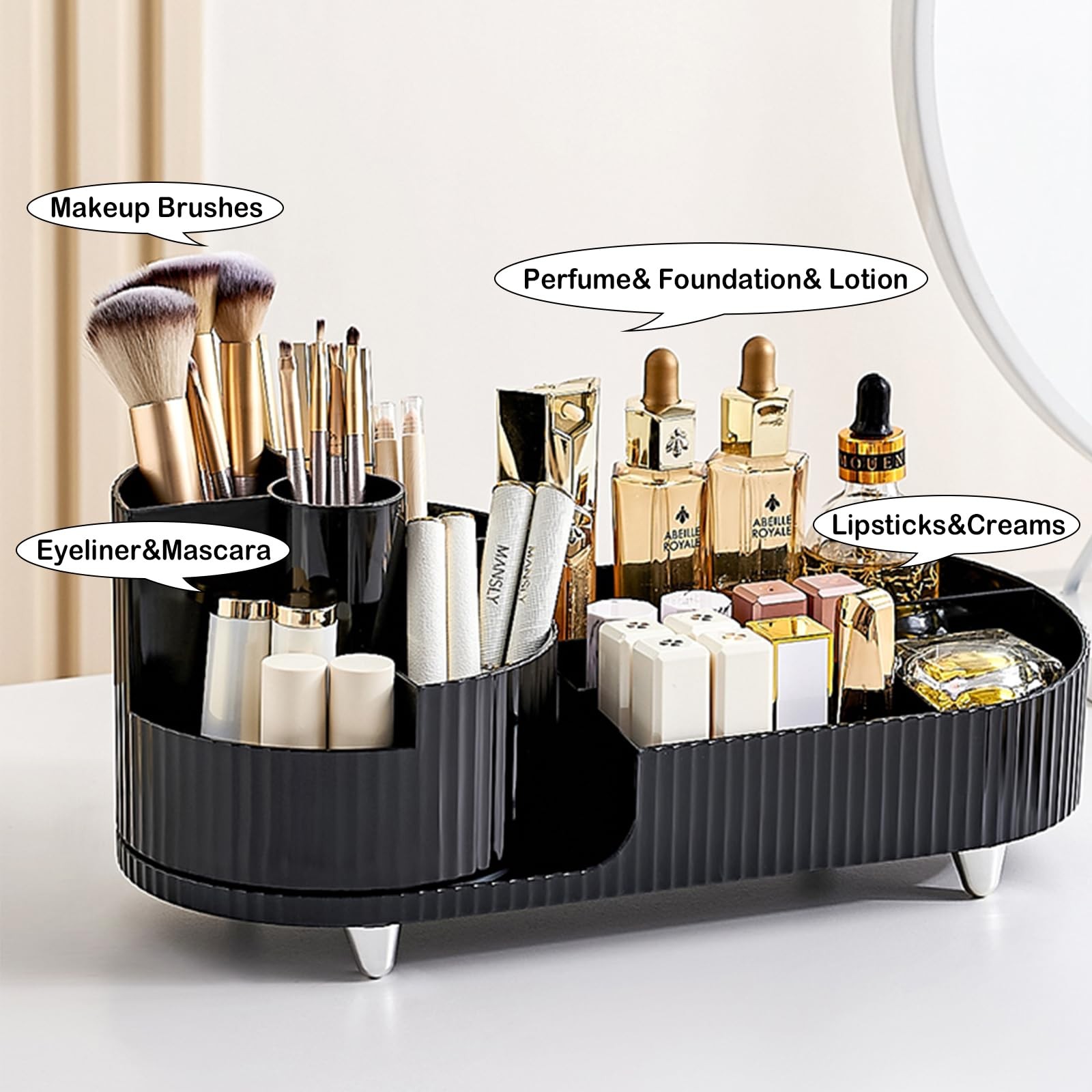 Rotating Makeup Organizer for Vanity with Brush Holder, Cosmetic Black