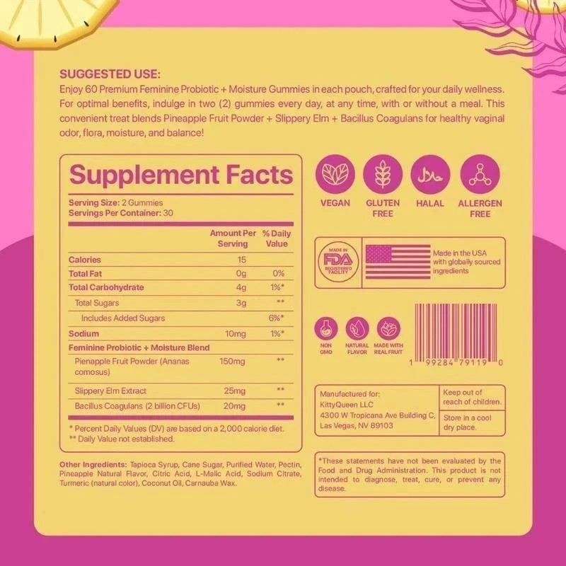 NEW Kitty Queen Slippery Kitty – Feminine Probiotic + Moisture Gummies-FREE SHIP