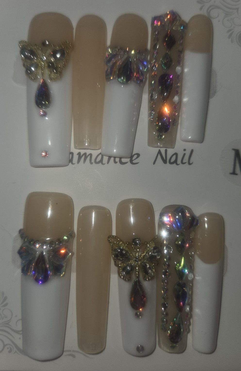 Long Coffin Press-On Nails White/Nude French Tip Rhinestone Butterfly-M