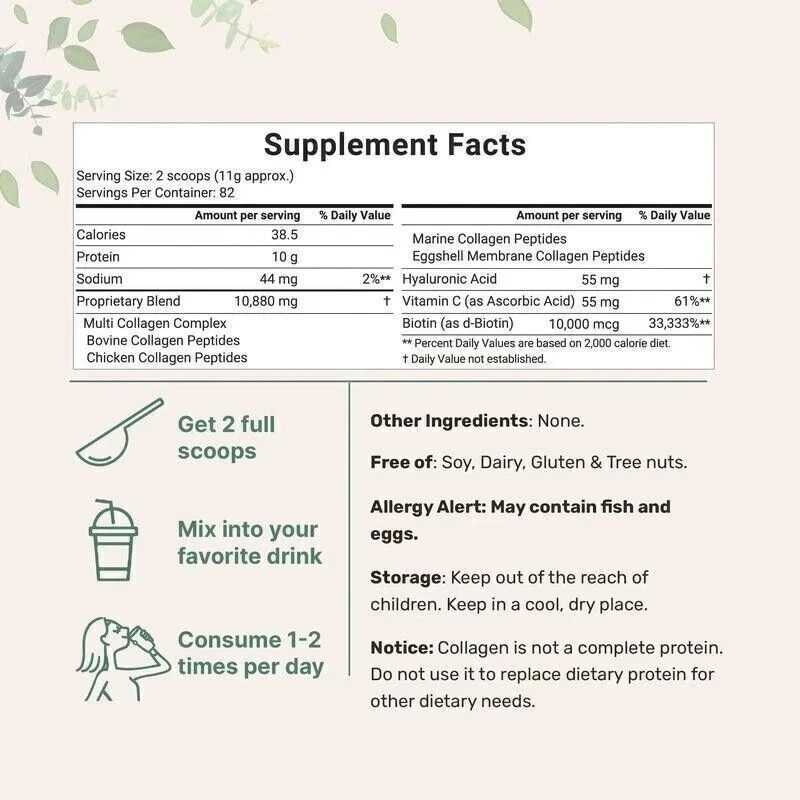 Multi Collagen Peptides Powder–Hydrolyzed Protein with Type I, II, III, V, X 1LB