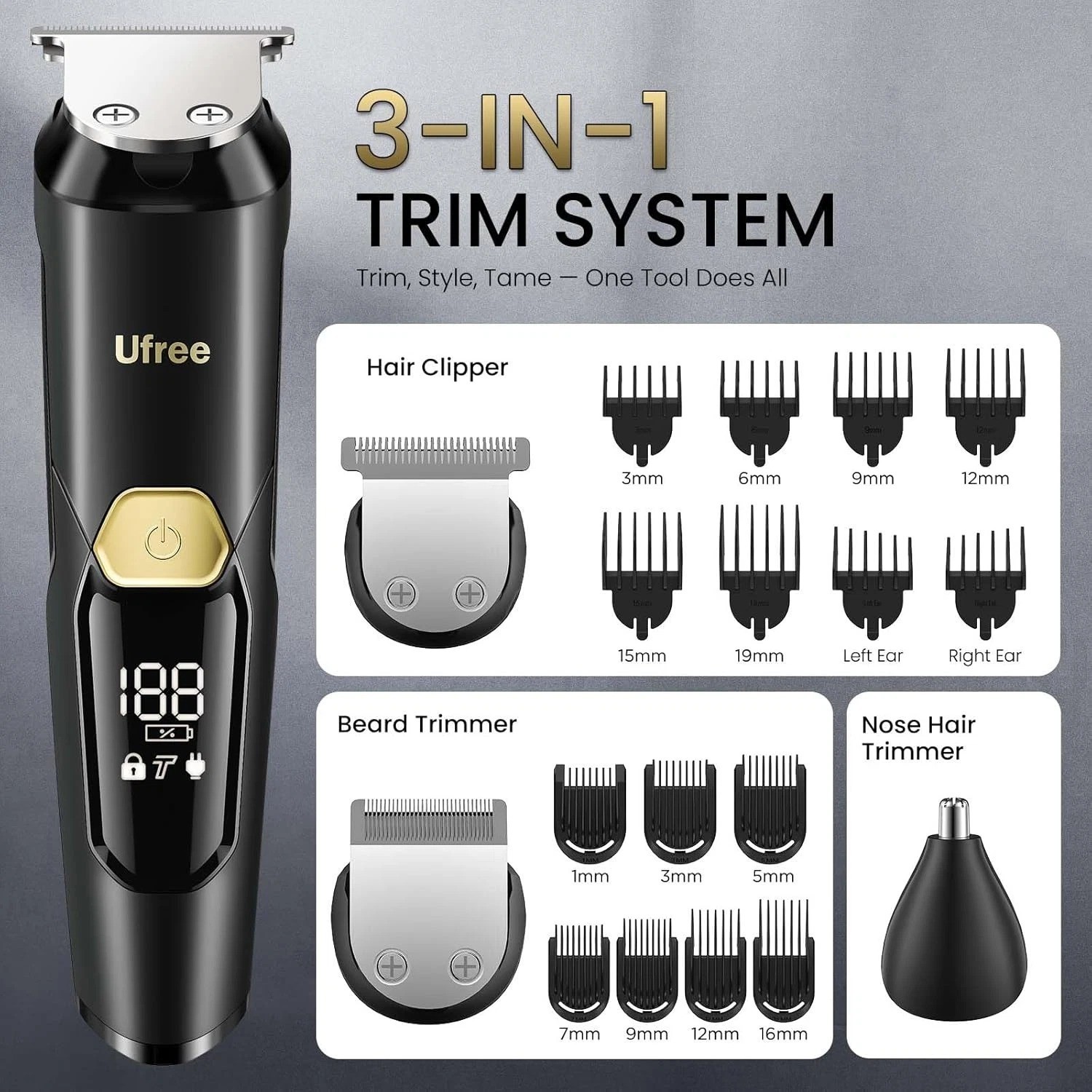 Ufree 3-In-1 Beard Trimmer for Men, IPX6 Waterproof Electric Razor Shaver, Hair