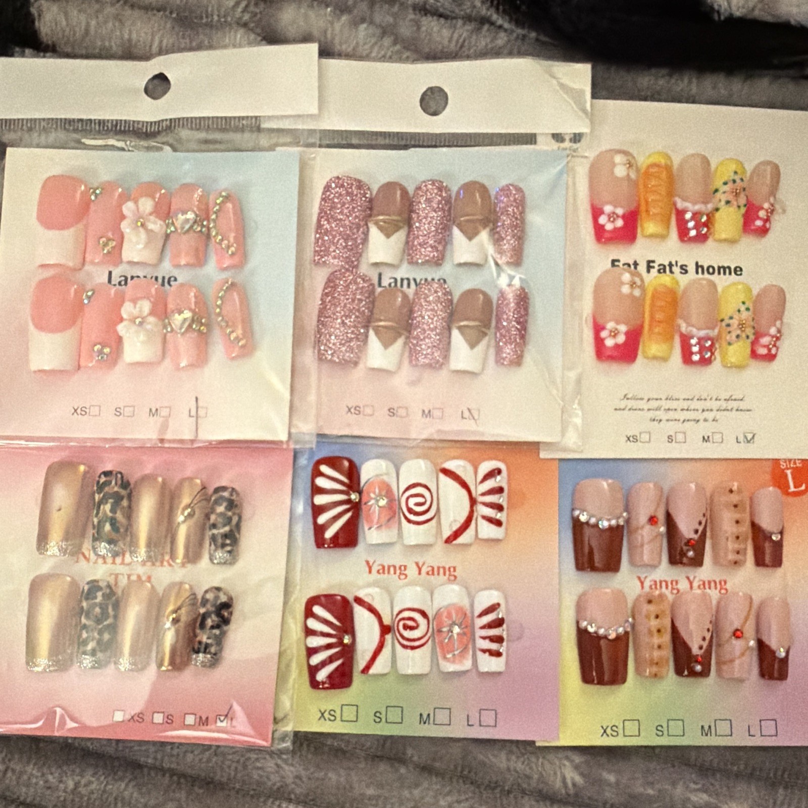Mixed Brands Press-On Nails Long Square 3D Shiny Glitter Floral Multicolor