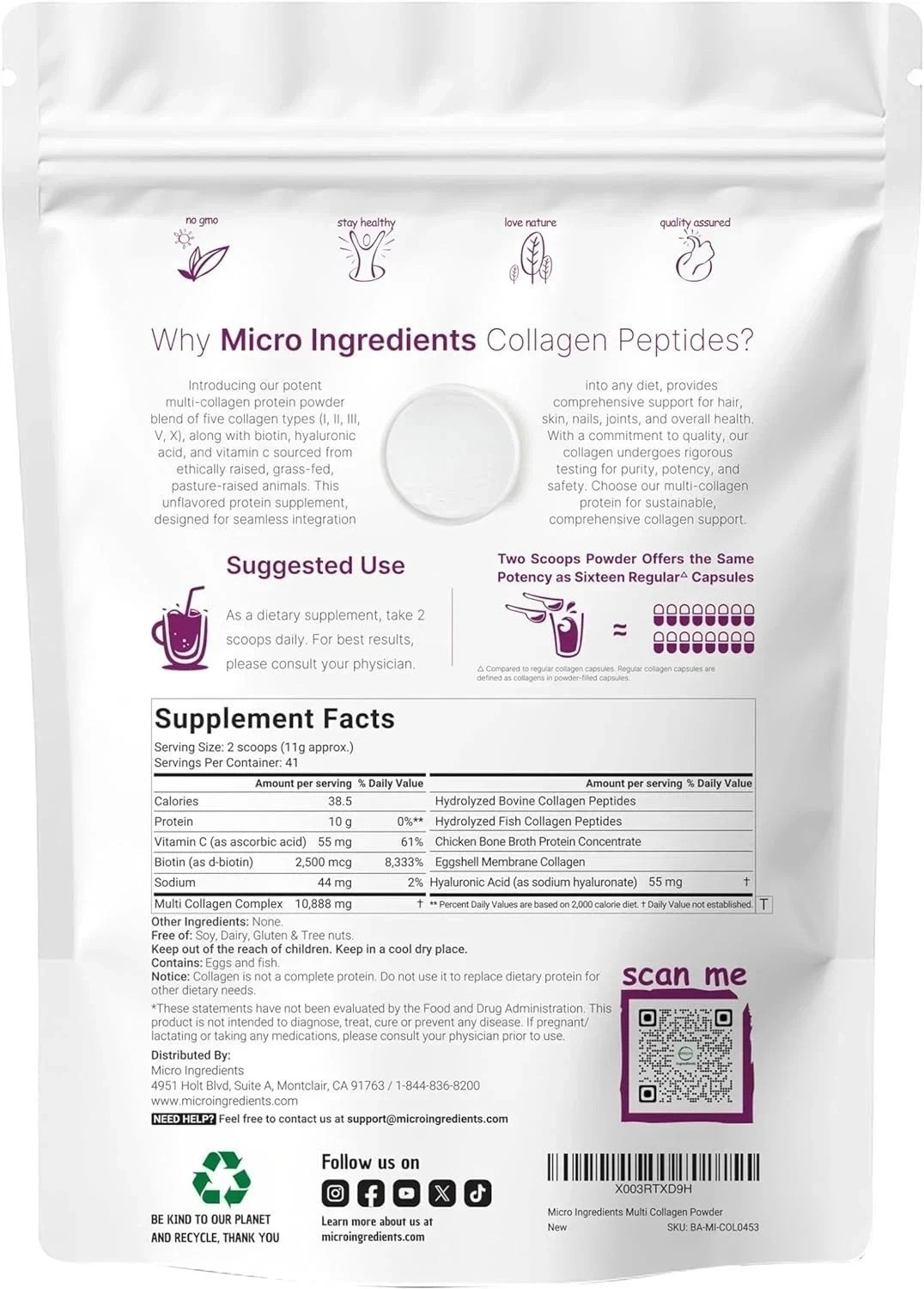 Multi Collagen Peptides Powder 2 lb Hydrolyzed Protein Peptide Type I,II,III,V,X