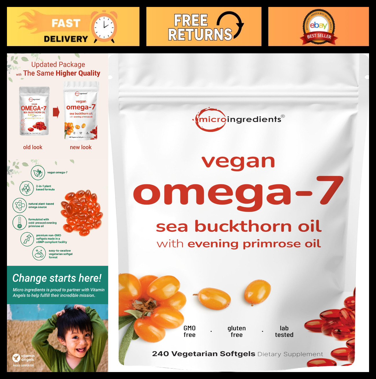 Vegan Omega-7 Sea Buckthorn Oil & Evening Primrose, 240 Veggie Softgels, Non-GMO
